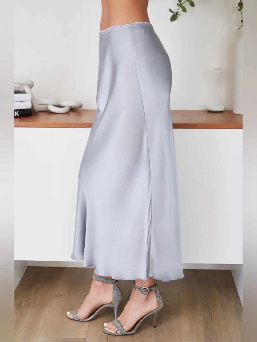 (9298/235110-SLVR) SOLID ELASTIC LACE TRIM WAIST SILKY VISCOSE MAXI SKIRT - Picture 2 of 4